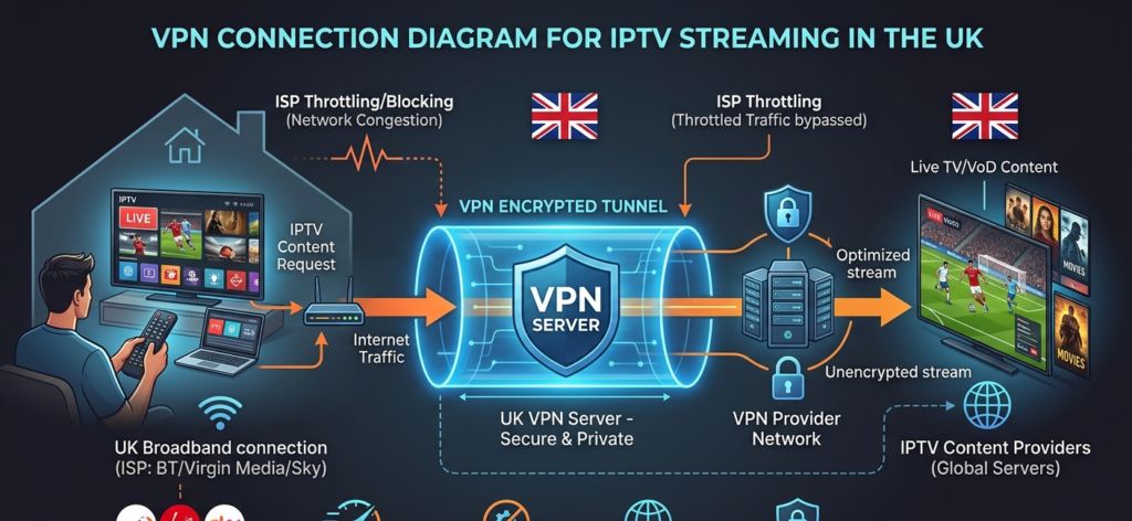 VPN connection diagram for IPTV streaming in the UK