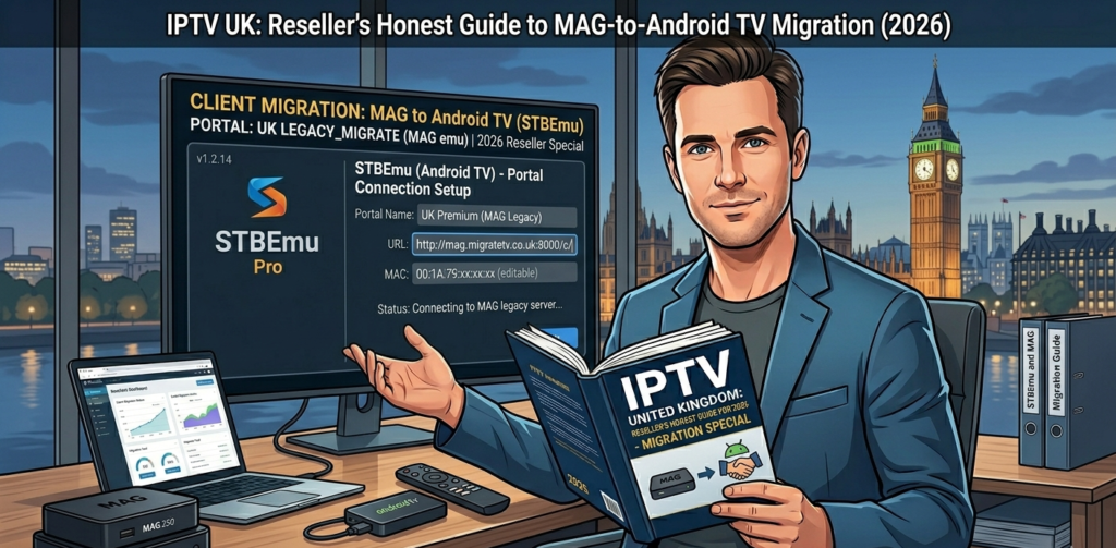 STBEmu interface on Android TV box showing portal connection setup for UK IPTV reseller clients migrating from MAG devices