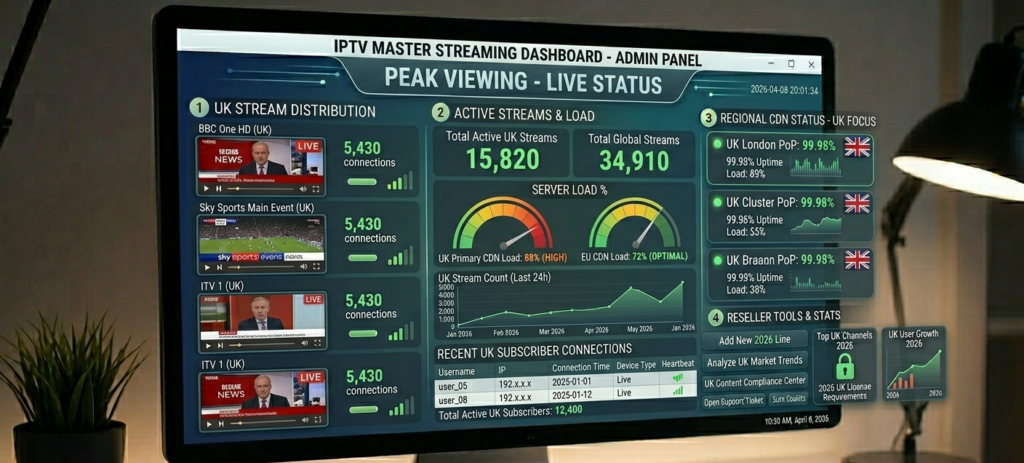 IPTV streaming dashboard showing live server load and active UK streams