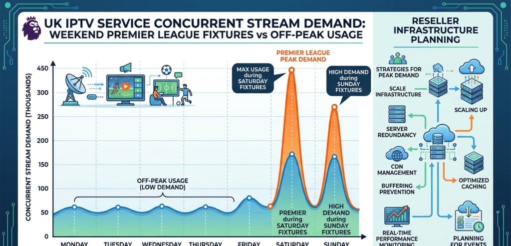 UK IPTV service demand chart showing peak usage during Premier League fixtures — reseller infrastructure planning