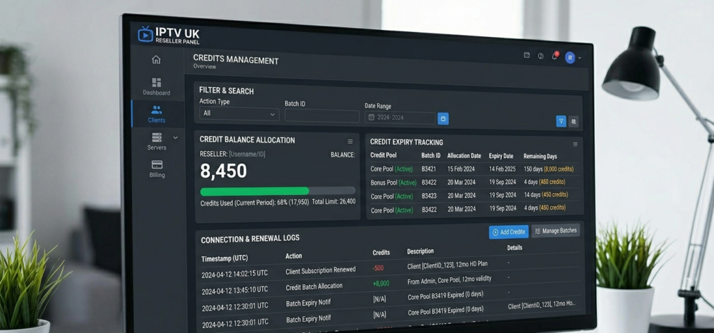 IPTV reseller credits management screen showing credit balance, expiry dates, and active subscriptions in a UK reseller panel