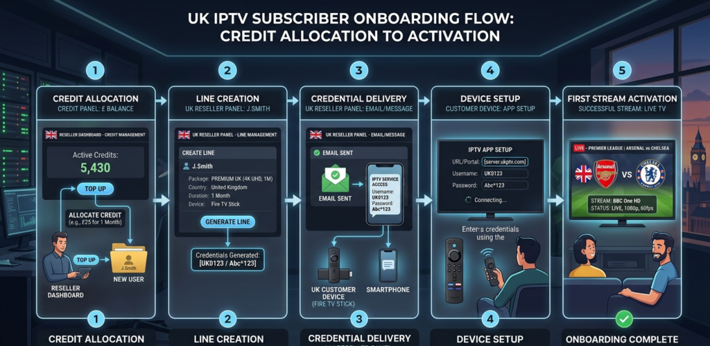 IPTV subscribe onboarding flow diagram showing UK reseller panel line creation, credential delivery, and device setup process