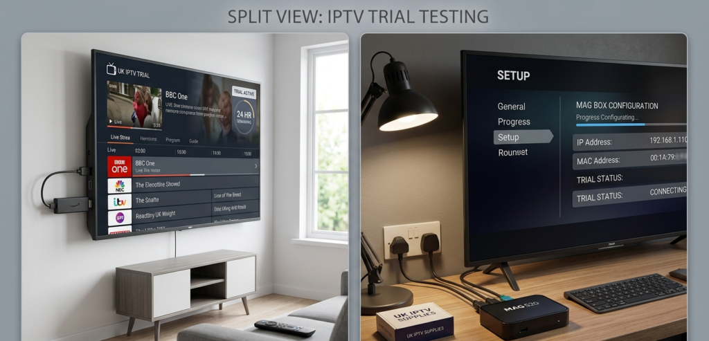IPTV trial subscription active on Firestick and MAG box for UK reseller customer testing"