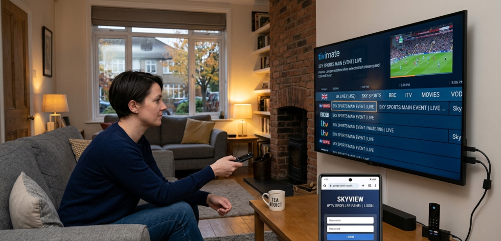 Person setting up IPTV subscription on a Firestick connected to a UK living room television