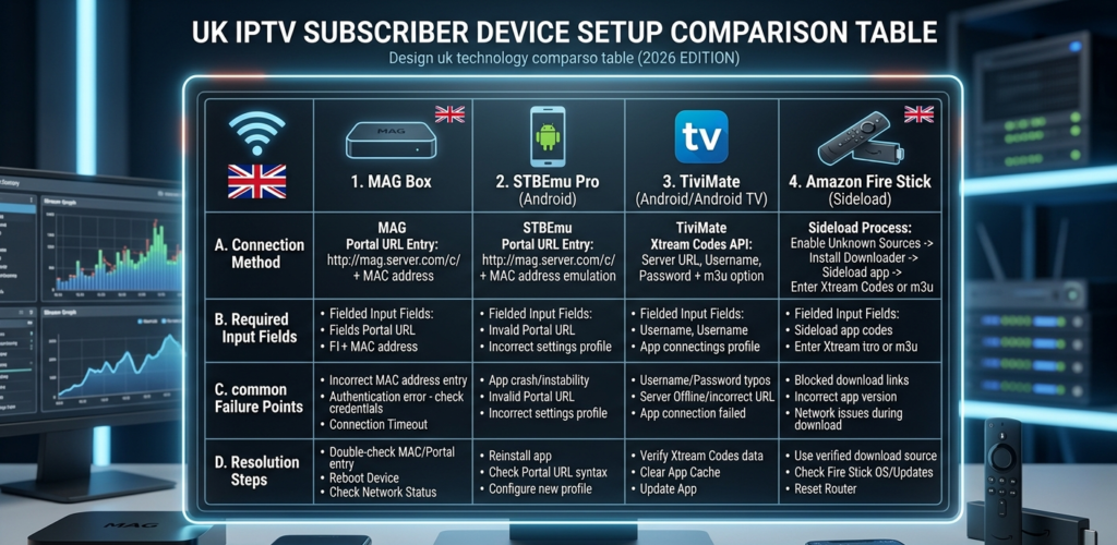 IPTV subscribe device setup comparison table showing MAG box portal URL, STBEmu configuration, TiviMate Xtream Codes, and Fire Stick sideload process"