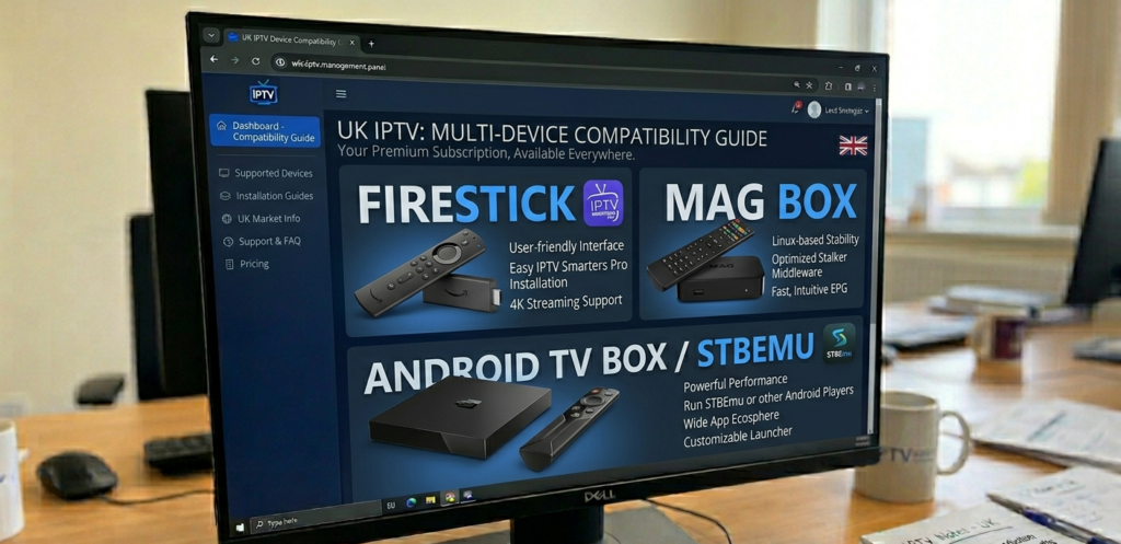 "UK IPTV subscription compatible devices including Firestick with IPTV Smarters Pro, MAG box, and STBEmu Android device