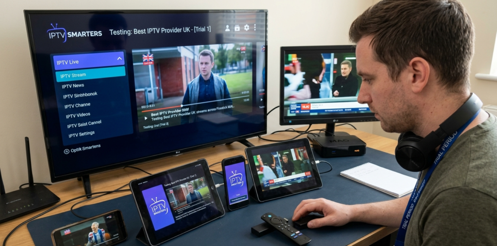 Testing best IPTV provider UK streams across Firestick MAG box and mobile simultaneously
