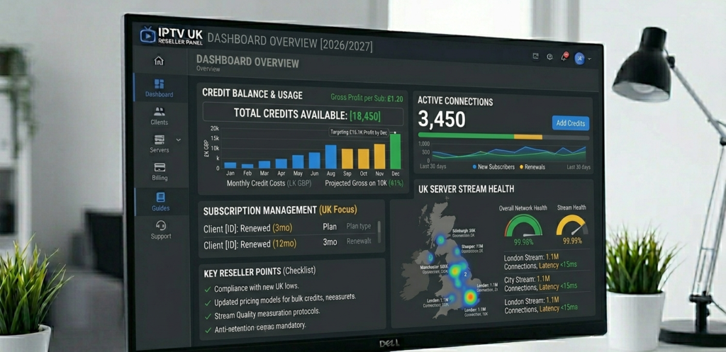 IPTV reseller panel dashboard showing credit balance, active connections, subscription management and UK server stream health