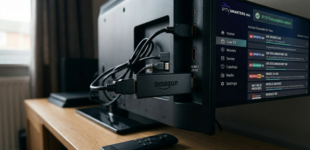 IPTV Smarters Pro running on Firestick with IPTV subscription active