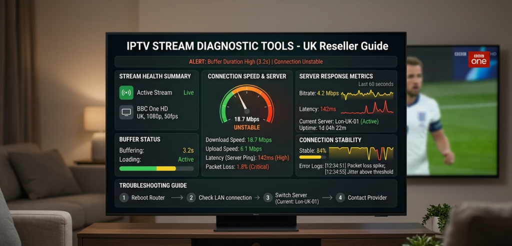 IPTV stream buffering diagnostic screen on Smart TV showing connection speed and server response — UK reseller troubleshooting guide