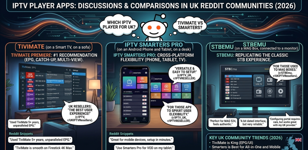 IPTV player app comparison showing TiviMate and IPTV Smarters Pro interfaces referenced in UK Reddit reseller communities