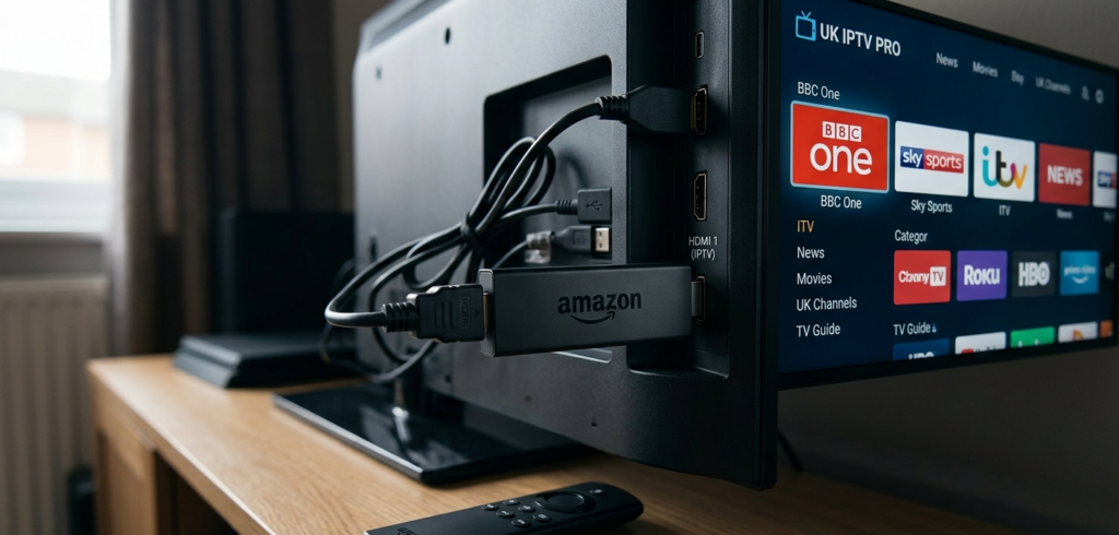 Firestick with IPTV setup for UK subscribers showing device connected to TV