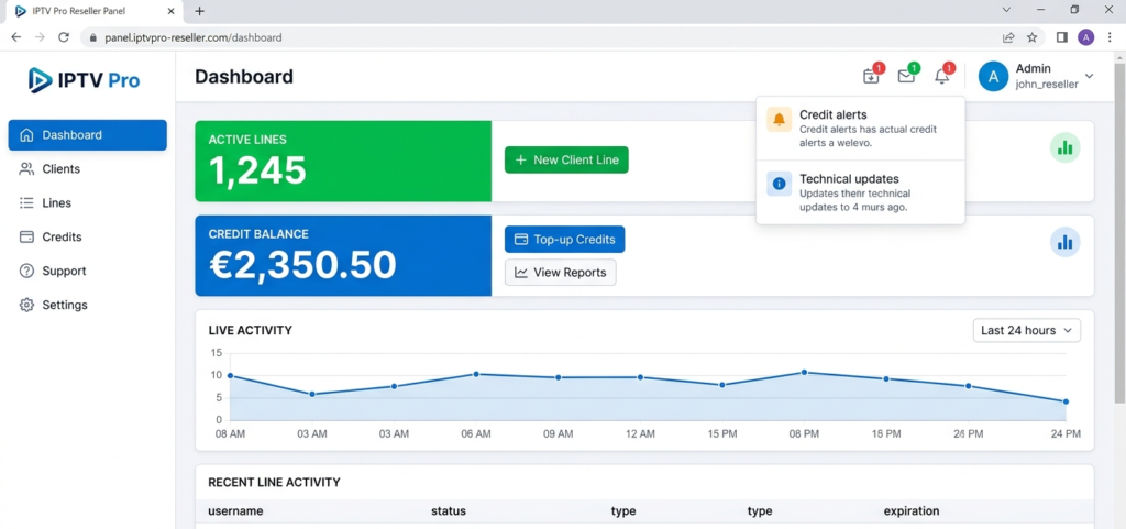 IPTV pro reseller panel dashboard showing live connections and creditg