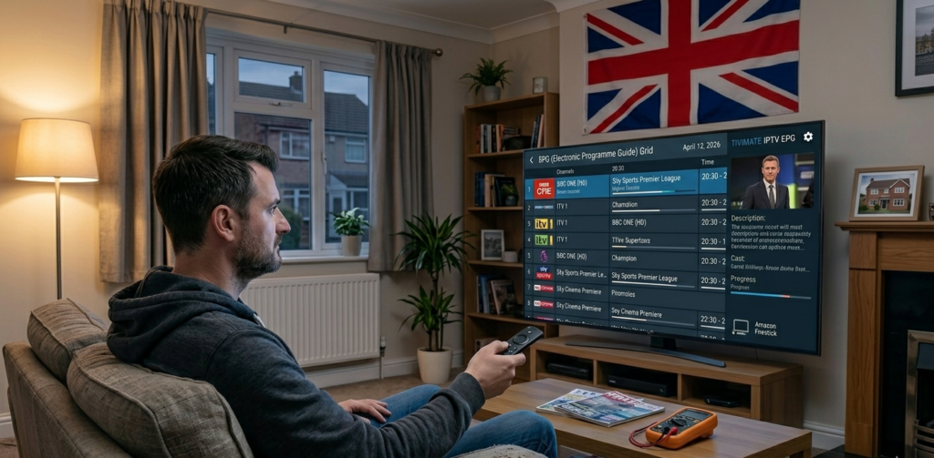 TiviMate IPTV app EPG grid displaying programme schedule on Amazon Firestick in UK household" 