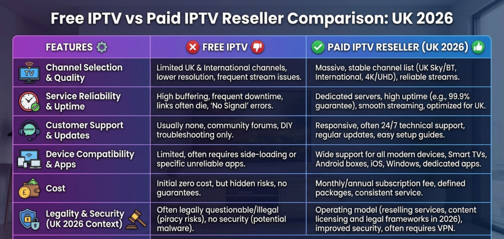 Free IPTV vs paid IPTV reseller comparison UK 2026
