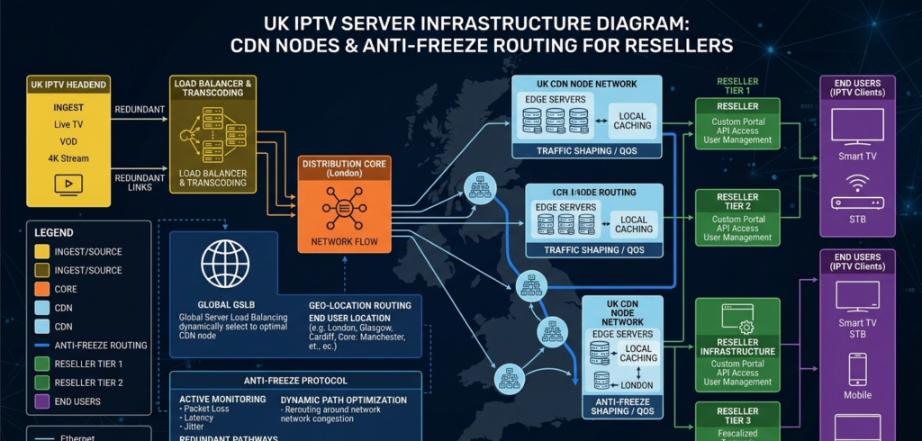 UK IPTV server infrastructure diagram showing CDN nodes and anti-freeze routing for resellers