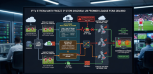 IPTV stream anti-freeze system diagram showing primary and backup source switching during UK Premier League peak demand