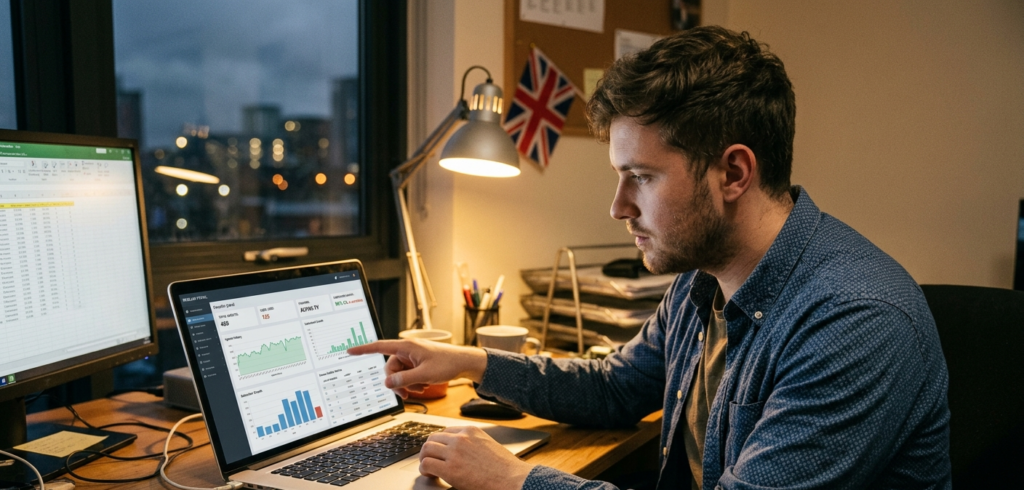 UK IPTV reseller reviewing provider panel statistics and stream quality metrics on laptop