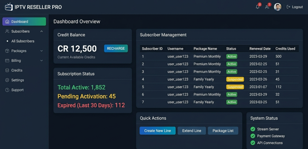 IPTV reseller panel dashboard showing subscription management and credits