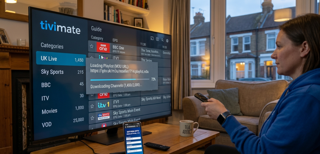 IPTV playlist M3U URL loading on TiviMate player app on a Firestick 4K in a UK living room