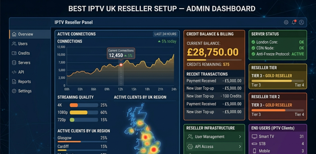 "IPTV reseller panel dashboard showing active connections and credit balance — best IPTV UK reseller setup"